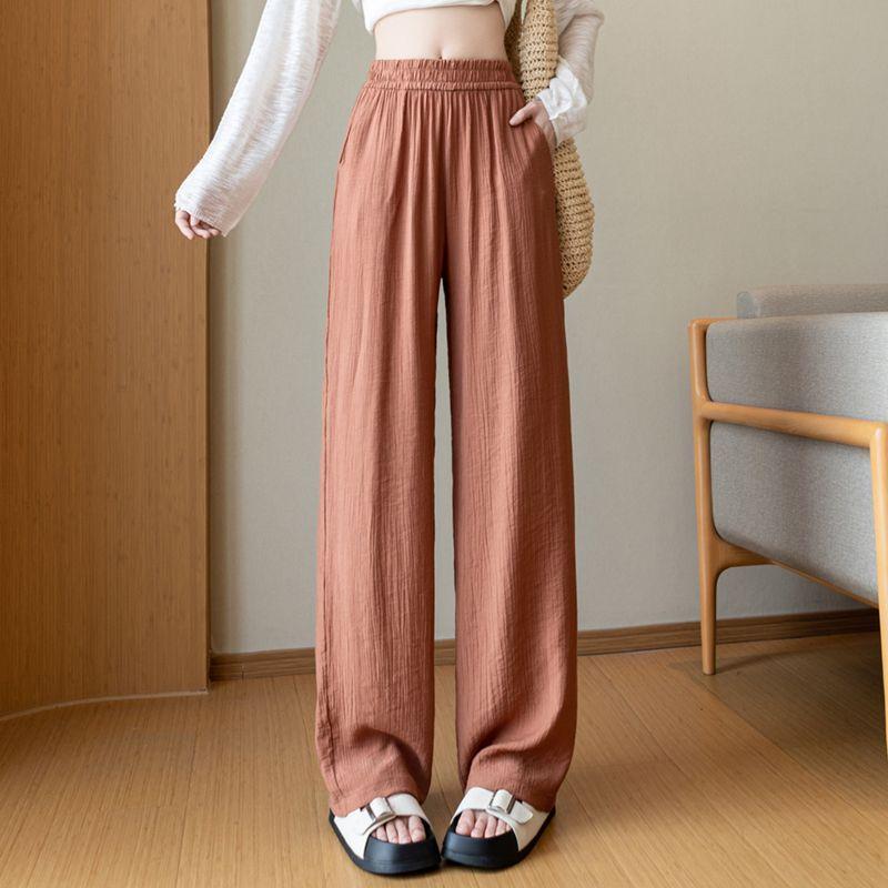 Women Elastic High Waist Linen Wide Leg Long Pants Loose Casual Floor Length Trousers with Pockets Summer Daily Vacation Soft Pants