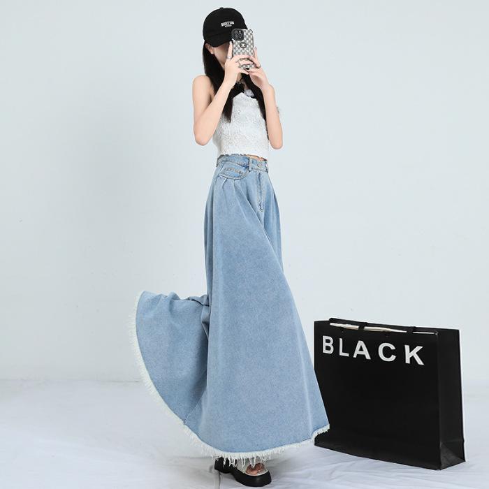 Hong Kong Retro Literary Denim Midi Skirt: Women's 2025 High-Waist A-Line Umbrella Design for Spring/Summer