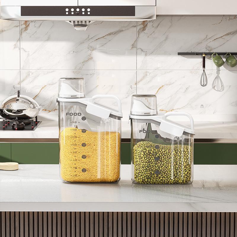 Japanese Style Transparent Rice Storage Jar with Measuring Cup, Moisture-Proof, Portable, for Home Kitchen Grain Storage