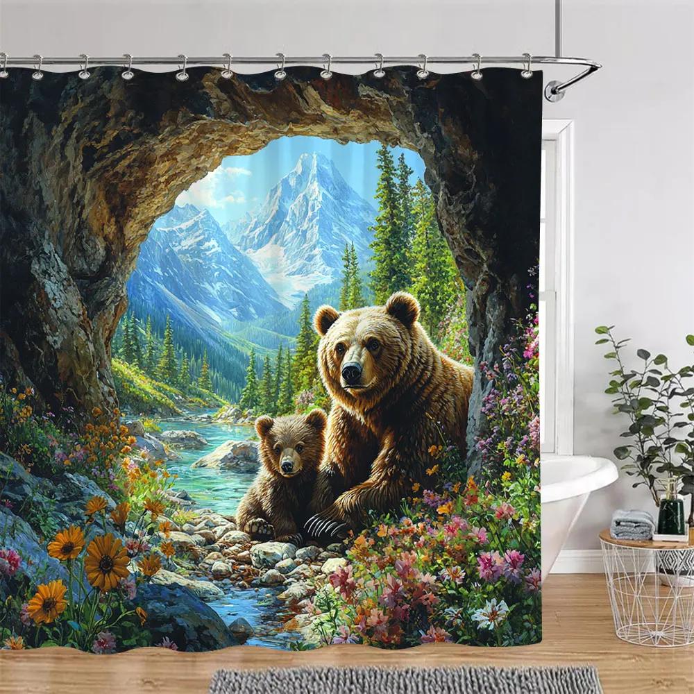 Brown Bear Shower Curtain, Colorful Floral Plants Outdoor Landscape Oil Painting Art Creative Shower Curtain Bathroom Decoration