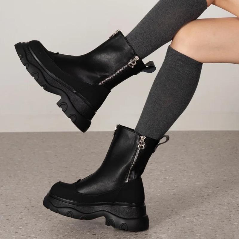 Fashion Size 34-40 Women Ankle Boots Real Leather Zipper Thick Mid Heels Shoes Fall 2025 Winter Platform Short Combat Booties