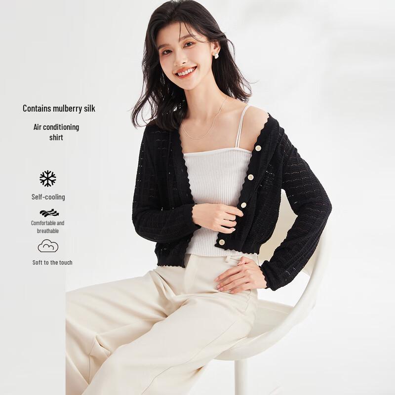 Women's V-Neck Silk Blend Lace Hollow Cardigan