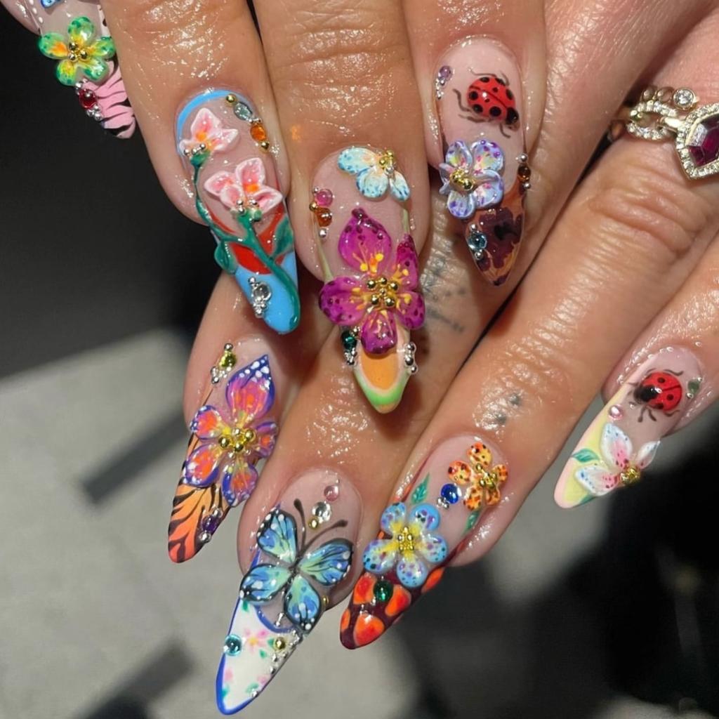 24 Stück Y2K Bunte Feuerwerk Falsche Nägel Mandel mit Herz Smiley Gesicht Fake Nails Süß Cool Stil Abnehmbare Press-On Nägel