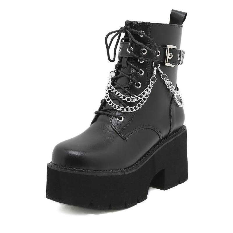 Fashion Women Boots Punk Style Platform Boots High Quality Leather Gothic Women Ankle Booties Chain Chunky  Thick Sole Boots Botas Mujer