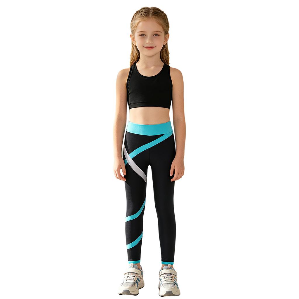 Girls U Neck Cropped Vest Cross Back Keyhole Contrast Color Pants Shorts 3Pcs Sports Set