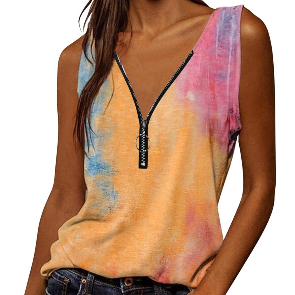 Women's  Fashion Summer New Print V-Neck Zipper Sleeveless Casual Tank Tops