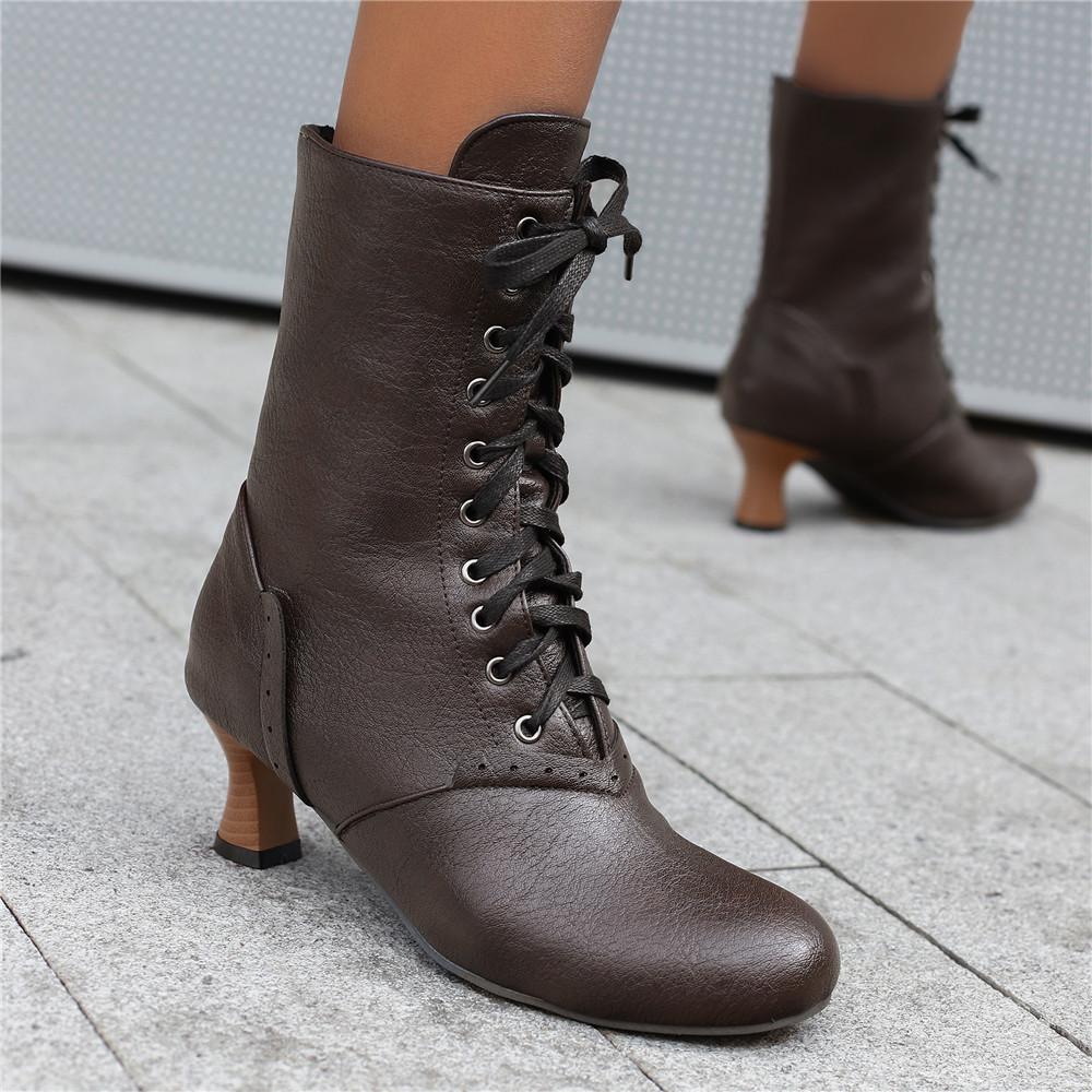Fashion 2026 New Lace Up Ladies High Heel Shoes Strange Steampunk Boot Victorian Ankle Boots Women Pointed Toe Thick Soled Short Boots