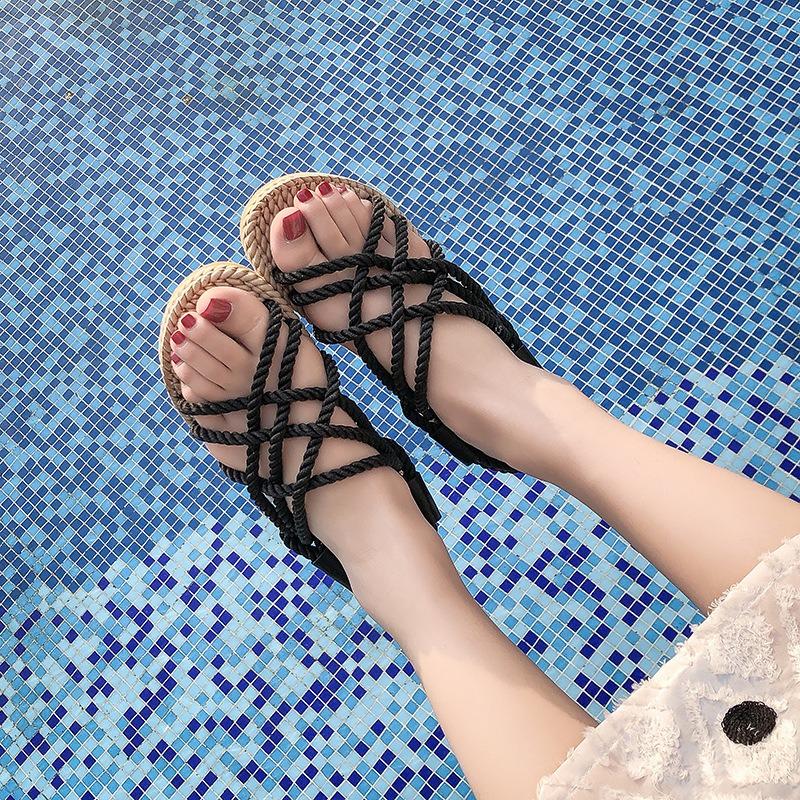 Sandalai Moteriški Plokščiapadžiai Kanapinė Virvė Kryžiuoti Dirželiai Moteriški Batai Atviru Priekiu Kasdieniai Paplūdimio Sandalai