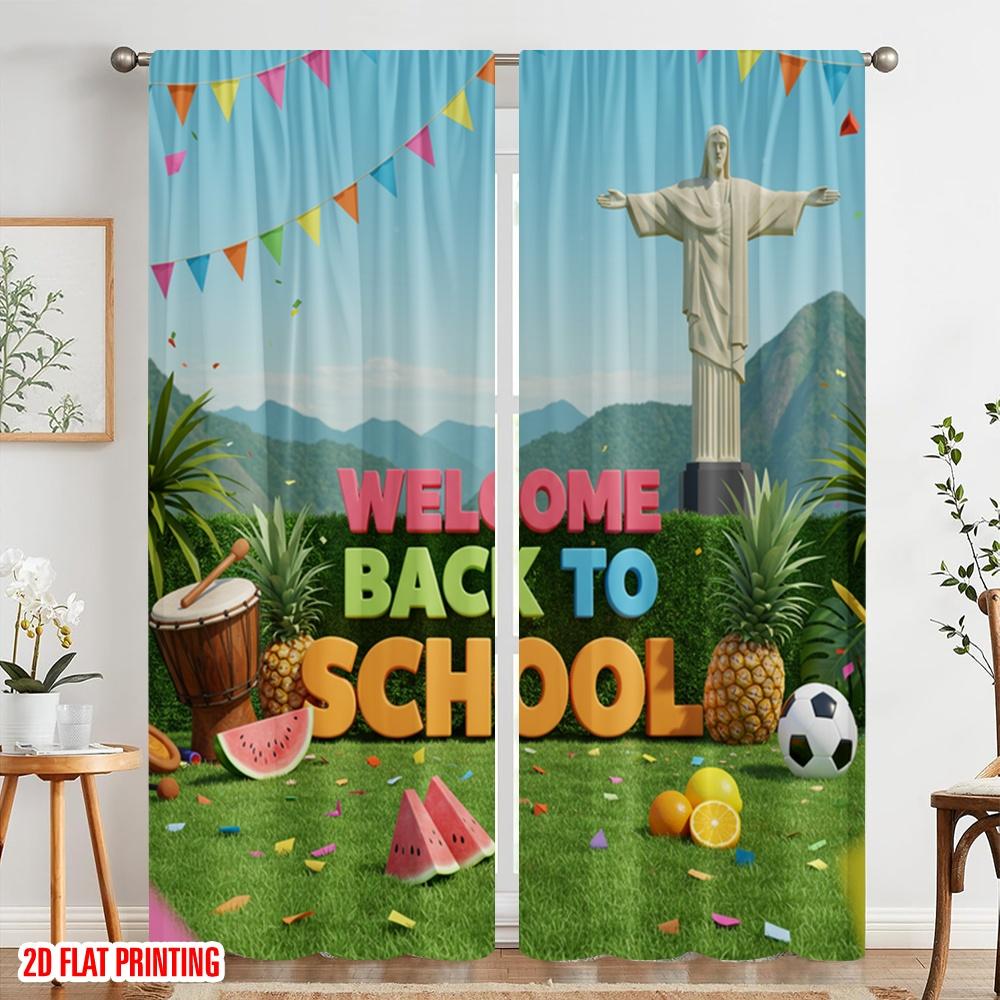 2pcs 2D flat printing Curtain Welcome Back To School Polyester Without Electricity 0 for Multipurpose Event Decoration