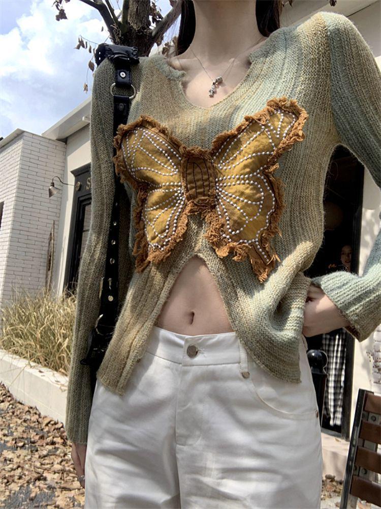 Butterfly Design Slim Fit Long Sleeve Knitted Sweater for Women - Autumn Collection