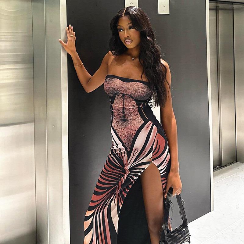 Women's Summer Fashion Sexy Split Print Strapless Spice Girl Slim Dress
