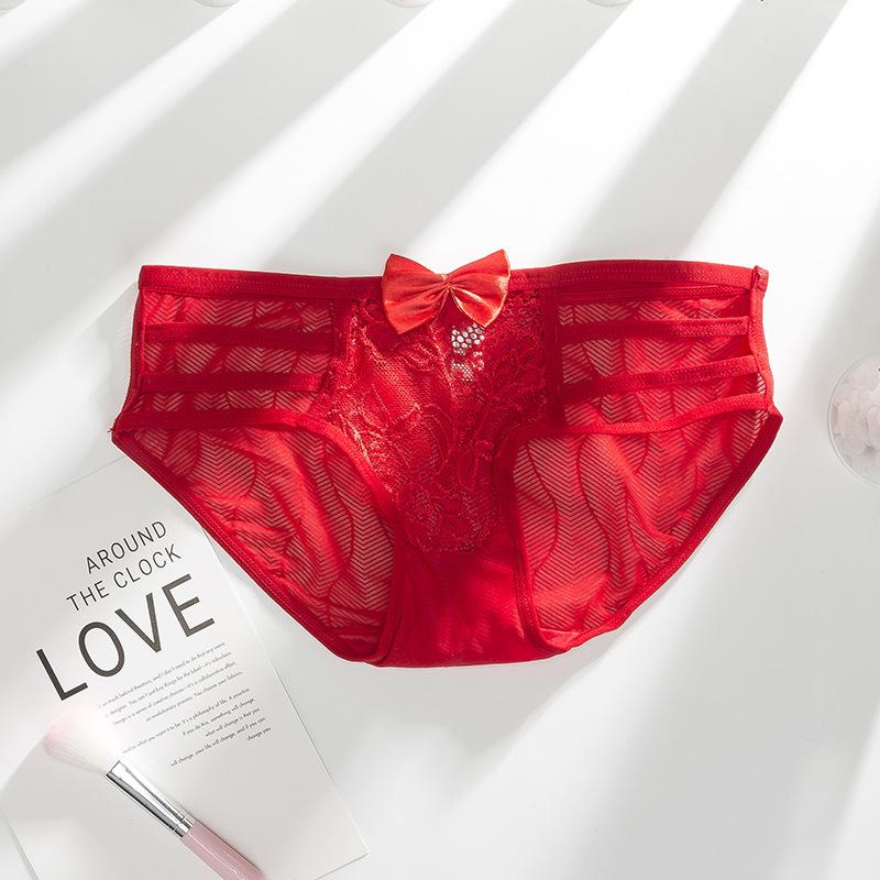 Ladies Spring and Summer Lace Bow Hollow Thin Belt Breathable Cotton Crotch Low Waist Triangle Briefs