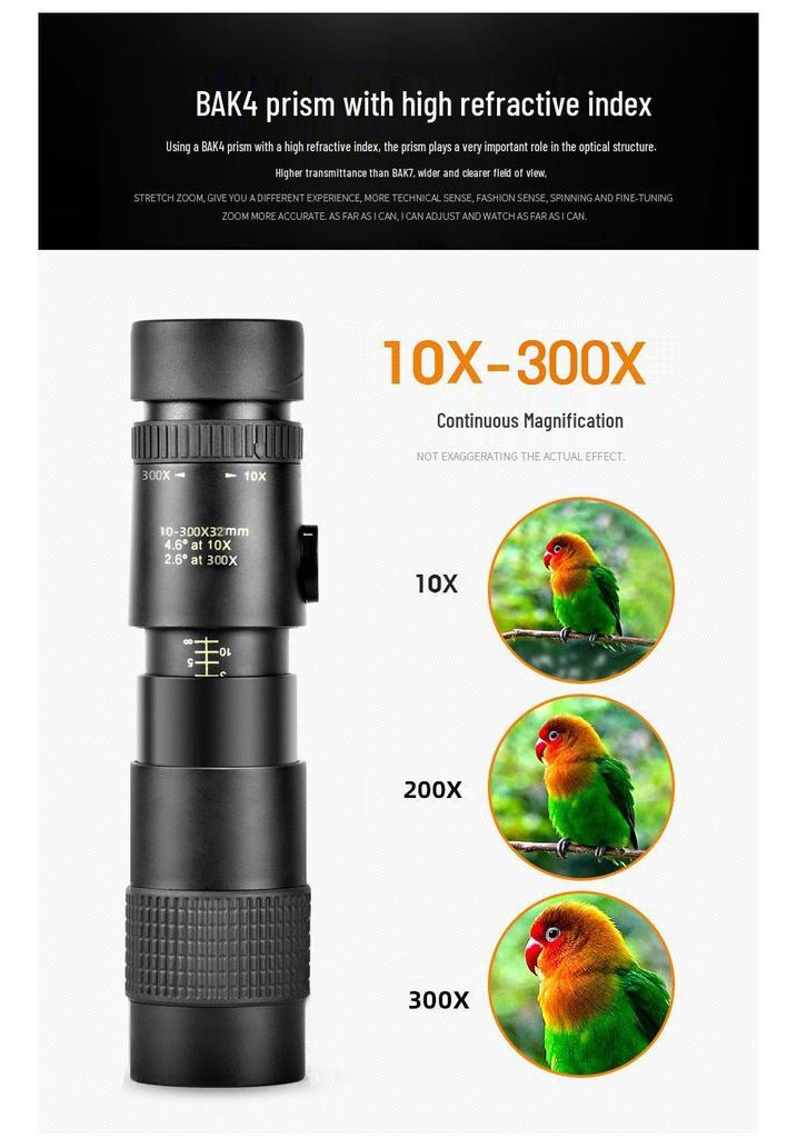 High-Definition 10-300×40 Retractable Portable Monocular Telescope