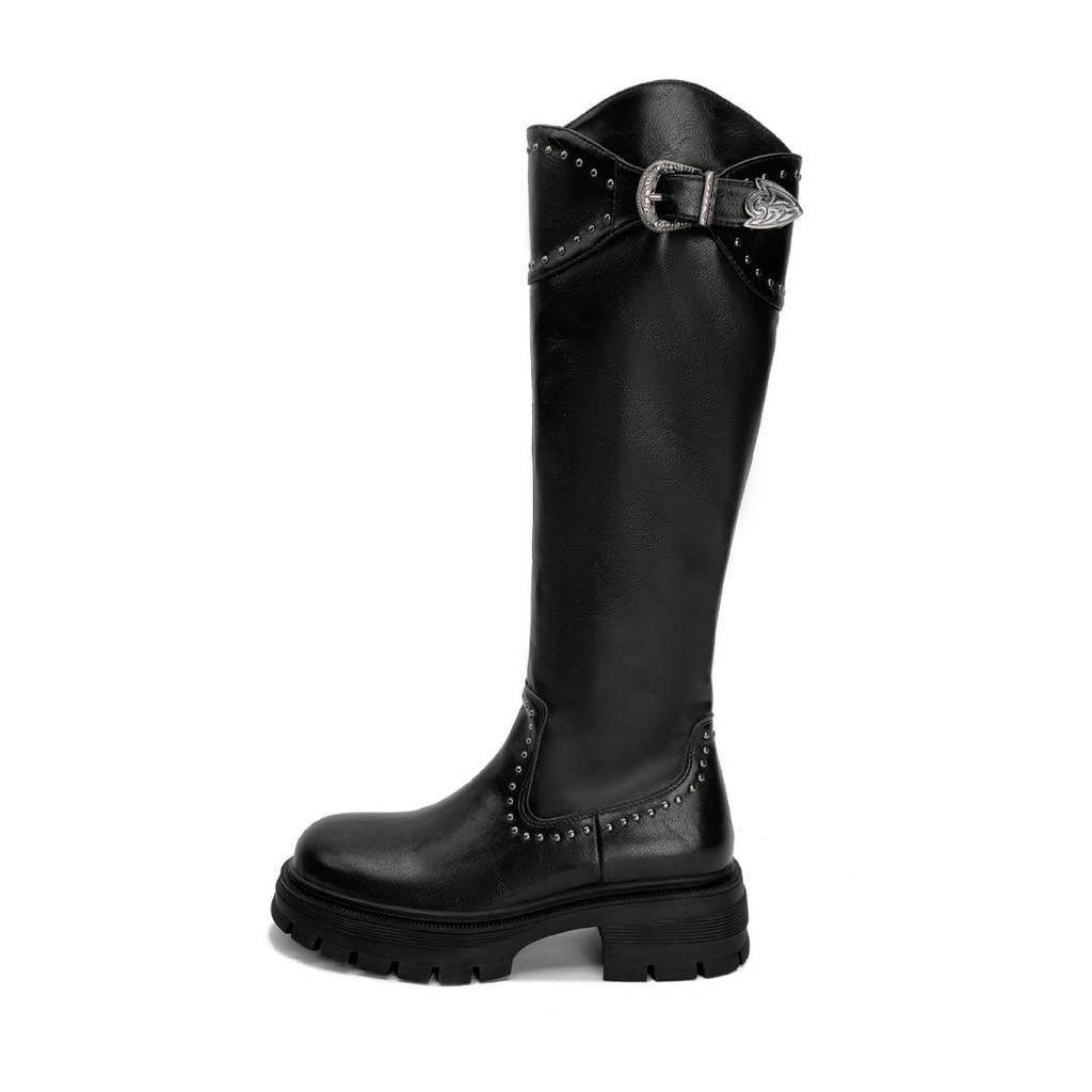 This Year's Popular Long Boots for Women's 2025 New Black Rivets, Thick-soled Heightened Thick-soled Knight Boots with Coats