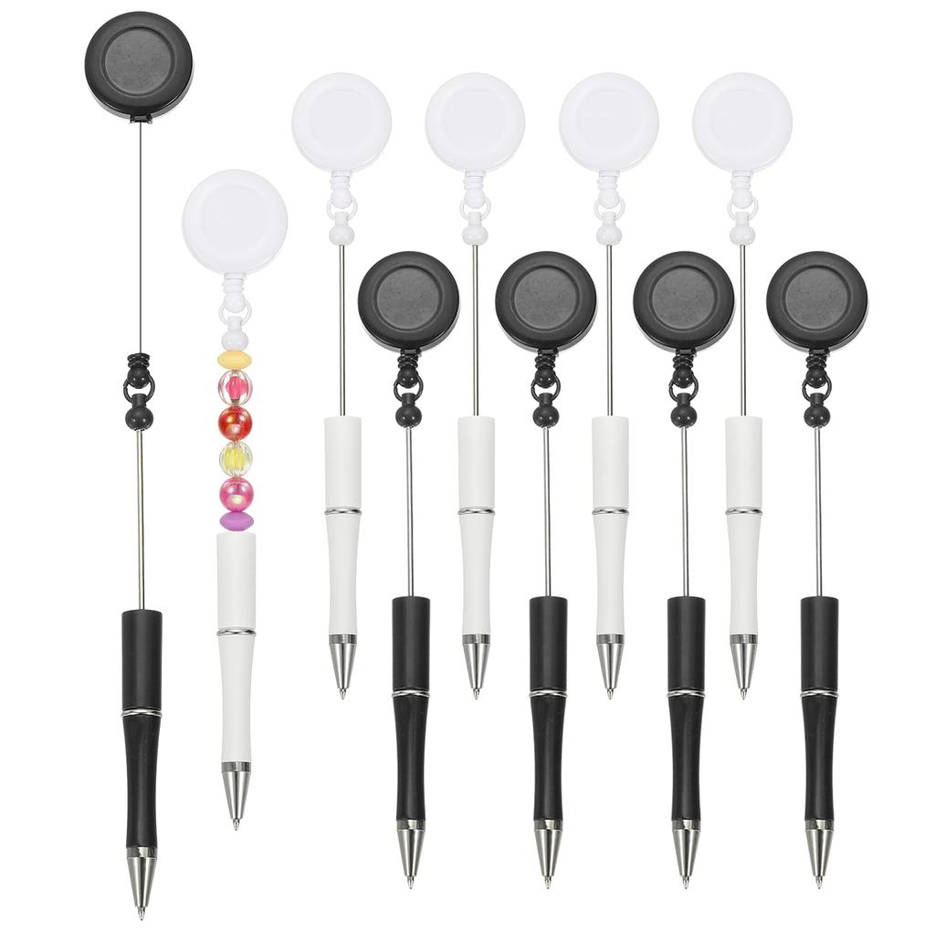 PATIKIL 10pcs Bead Pens Retractable Badge Reel Bead Pens Bulk Bead Ballpoint Pens Black Ink for DIY Making Office Worker Waitress Writing Instrument