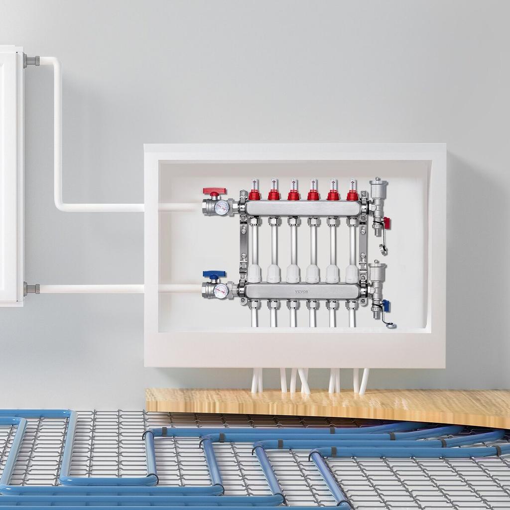 6-Branch Radiant Heat Manifold 1/2" PEX Tubing Floor Heating Manifold Set
