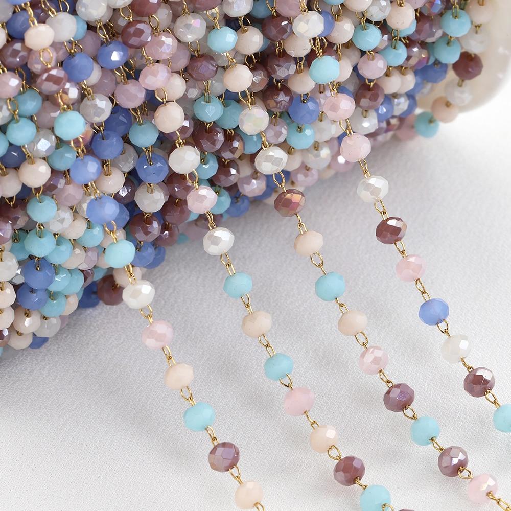 No Fade 1Meter Crystal Stone Stainless Steel Chain Pink Blue Beaded Chains for Necklace Bracelet Chain Jewelry Making DIY