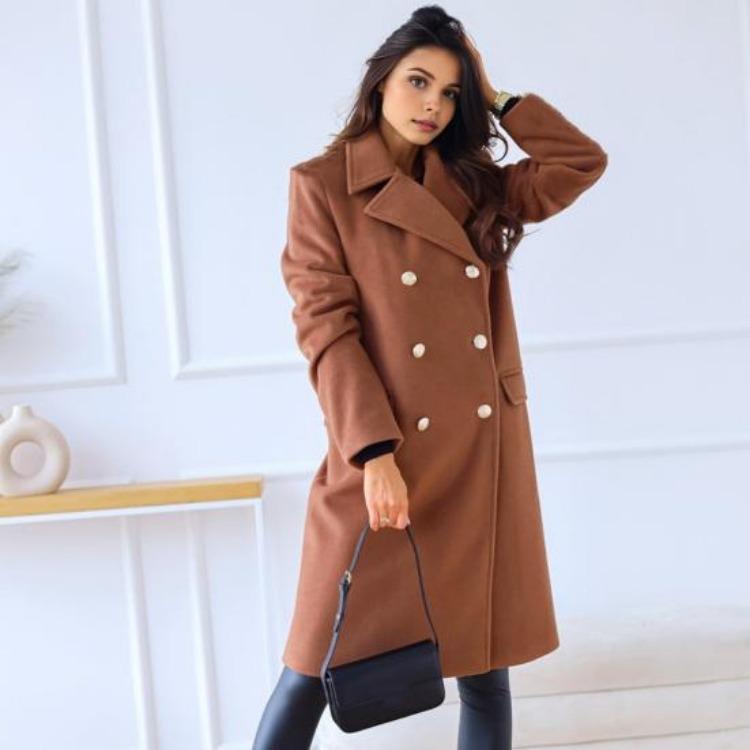 Winter Coat Women Double Breasted Overcoat Thermal Long Sleeves Loose Fit Turn Down Collar Pockets Pure Color Commuting Dating