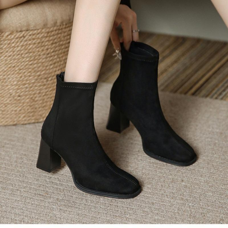 Nude Spring and Autumn Fleece Coarse Heel Fried Street Small Short Boots Women's Elastic Skinny Boots Suede Martin Boots High Heels