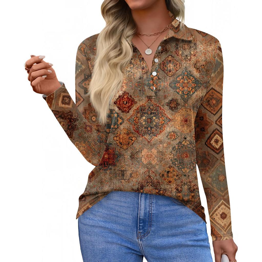 Women's Fashion Casual Lapel Short Long Sleeve Print Shirt Women's Button Up Tops