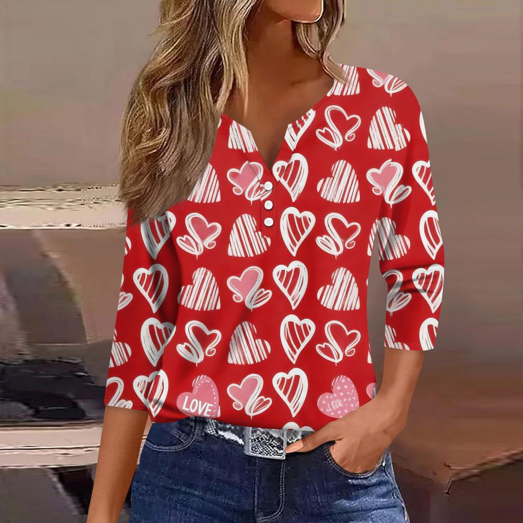 Women's Fashion Button-Up V-Neck Three-Quarter Sleeve Valentine's Day Print Top
