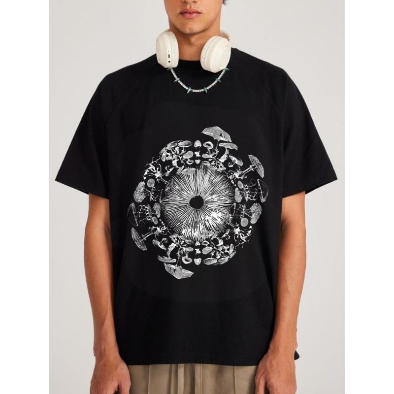 Black T Shirt Mushroom Eye Print Design Casual Streetwear Fashion Men's Top