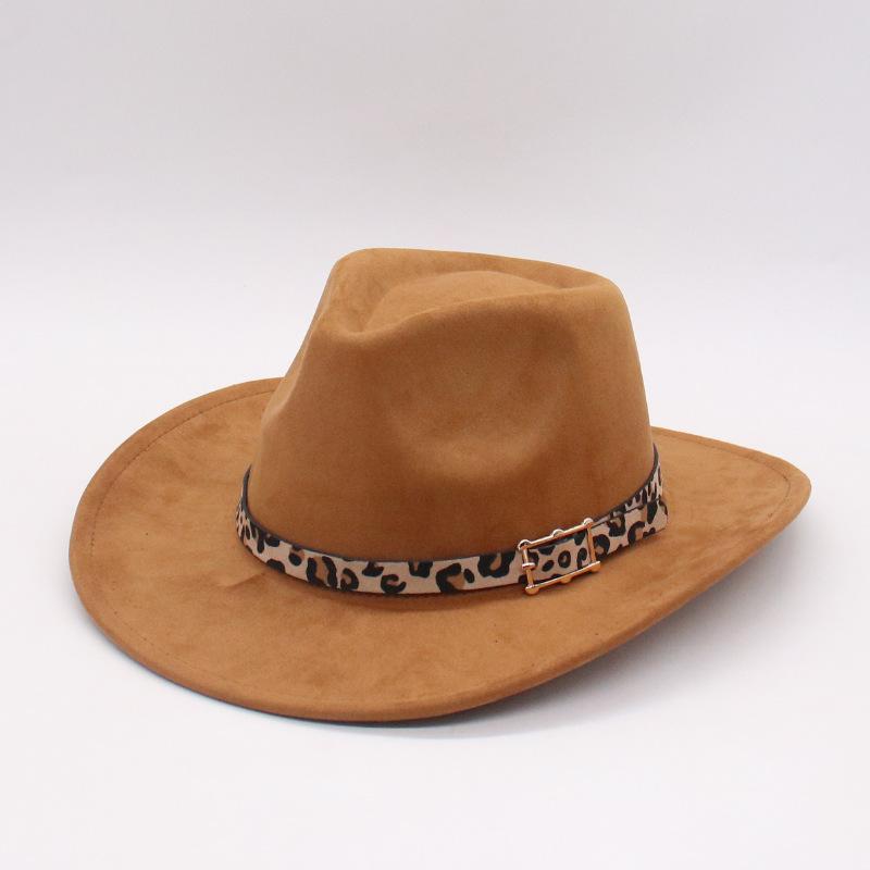 New Leopard Print Belt Hemming Top Hat Jazz Hat Retro Black Woolen Jazz Hat Flat Brim Big Eaves Hat