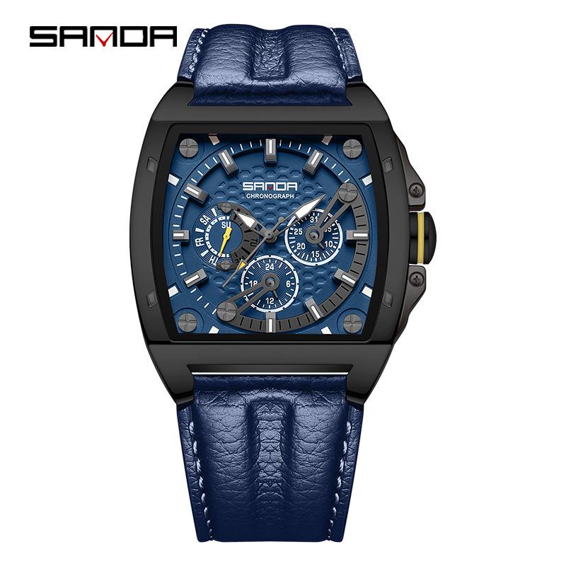 Sanda Trendy Square Quartz Watch - Stylish Three-Eye Six-Needle Design for Men