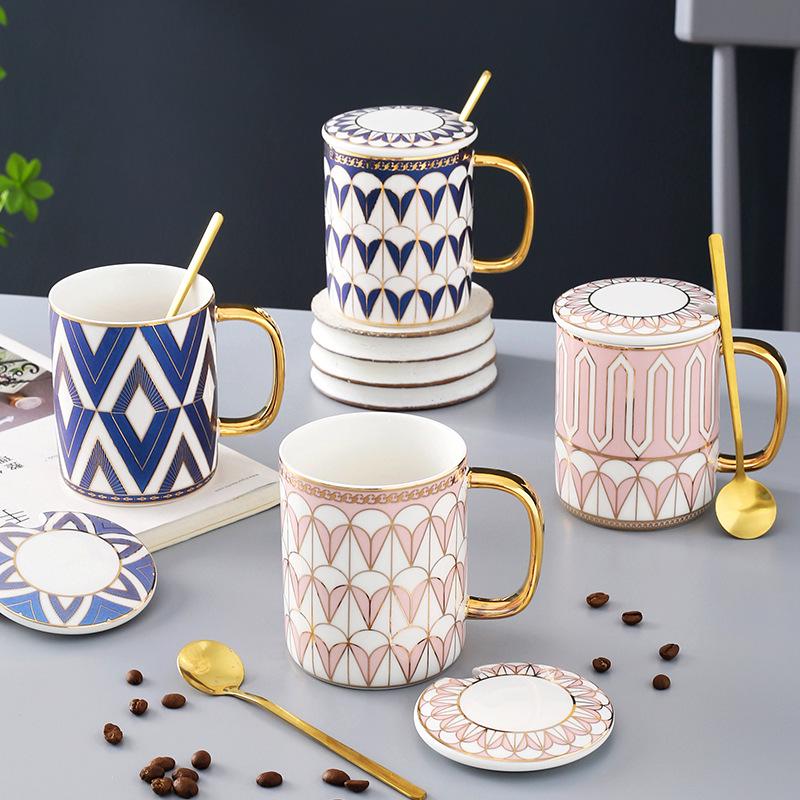 British Style Matching Ceramic Mug Set with Lids - High-End Coffee and Water Cups