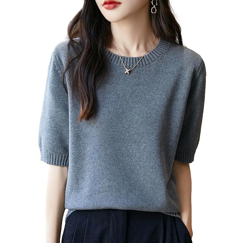 

[BN1 select] knit short sleeve ladies spring summer autumn clothes Beautiful cotton sweater crew neck tops women s clothing 30s 40s 50s gray gray