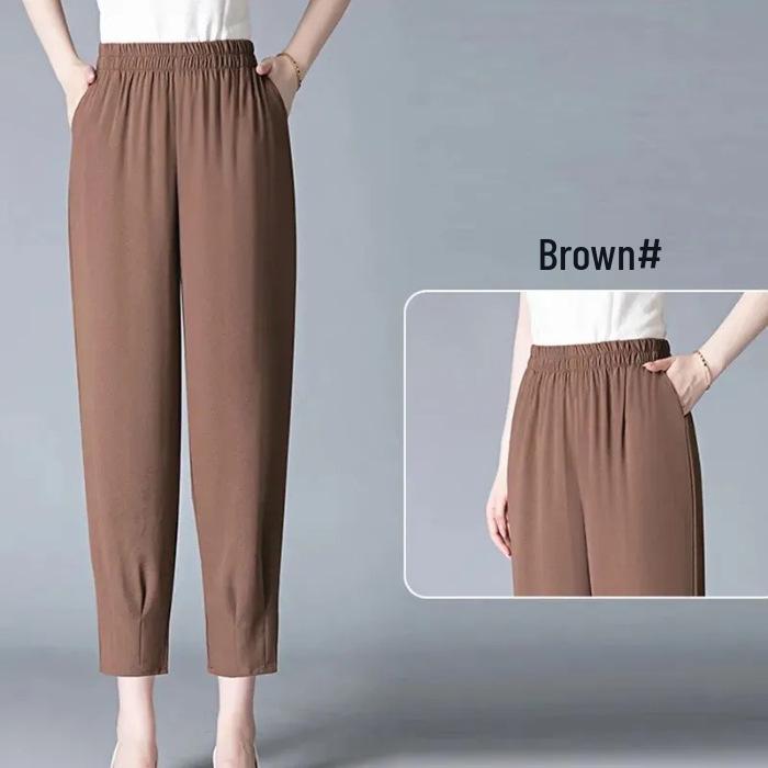 Women s High-Waisted Elastic Ice Silk Summer Trousers - Slimming, Loose Fit for Middle-Aged & Elderly L кофейный