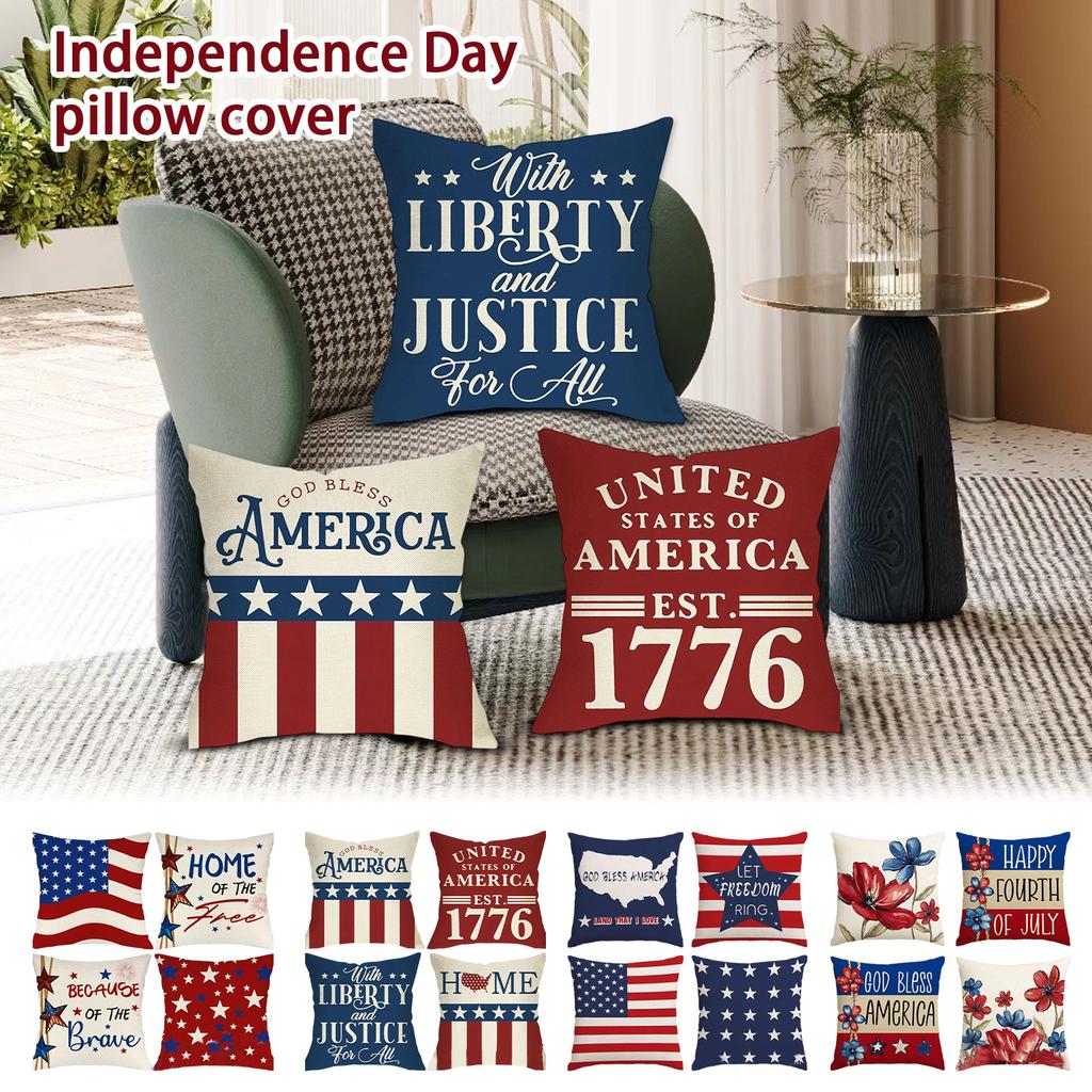 Set of 4 Decorative Throw Pillow Covers with Star and Stripe Print for Sofa Couch Bed Home Decor Holiday Theme 18x18 Inch Square Cushion Cases