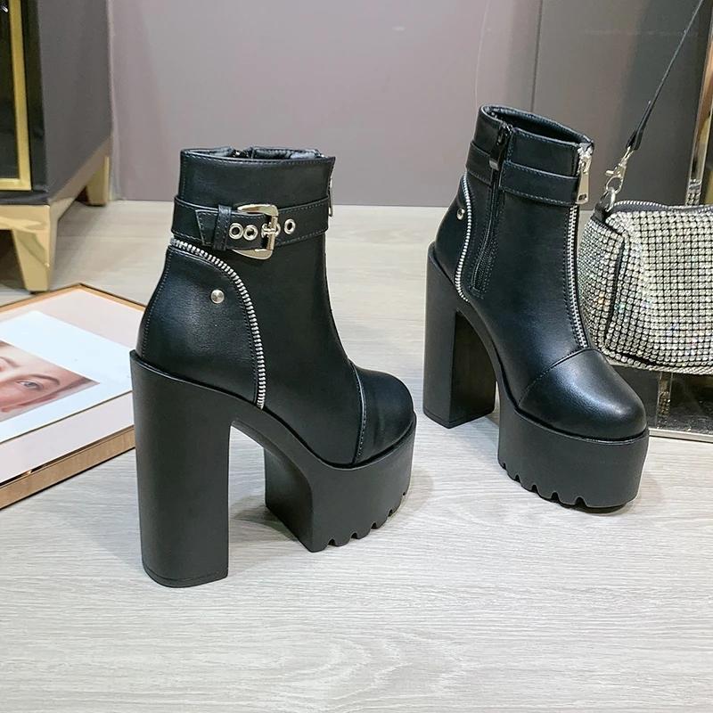 

Модные женские ботильоны на платформе с пряжкой и молнией до щиколотки, с круглым носком, мотоциклетные, из мягкой кожи, на массивном высоком каблуке, ботинки, обувь для жены, девушки 36
