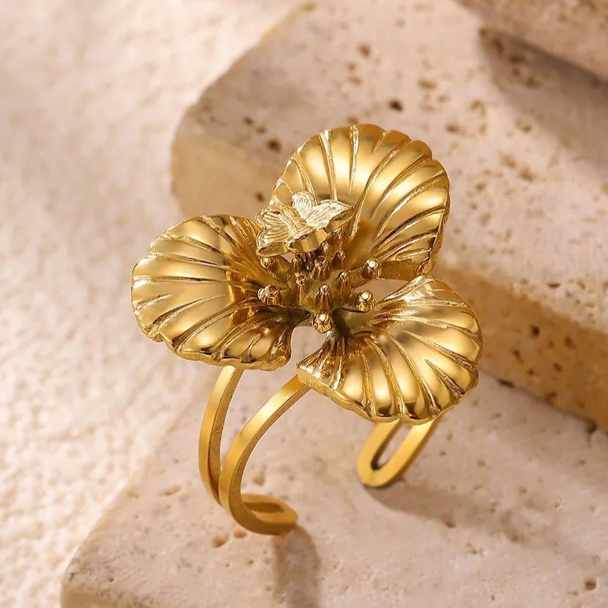 Stainless Steel Butterfly Flower Rings For Women Gold Color Adjustable Flower Ring Wedding Christmas Hypoallergenic Jewelry Gift