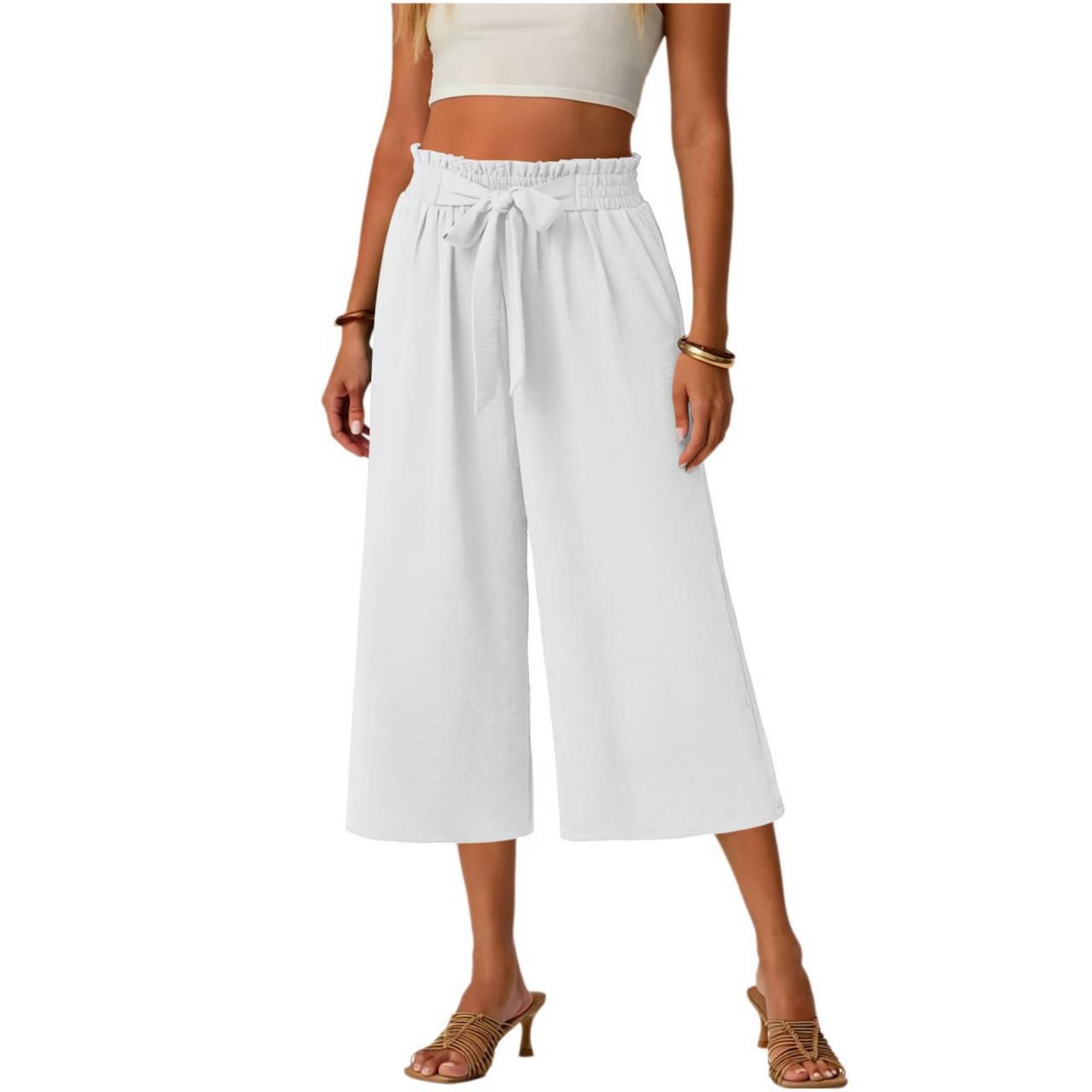 

Women s Summer Lace-Up -Color Loose-Fit Straight-Leg 7/8-Length Pants With Pockets And Lace-Up Elastic Waistband XL білий