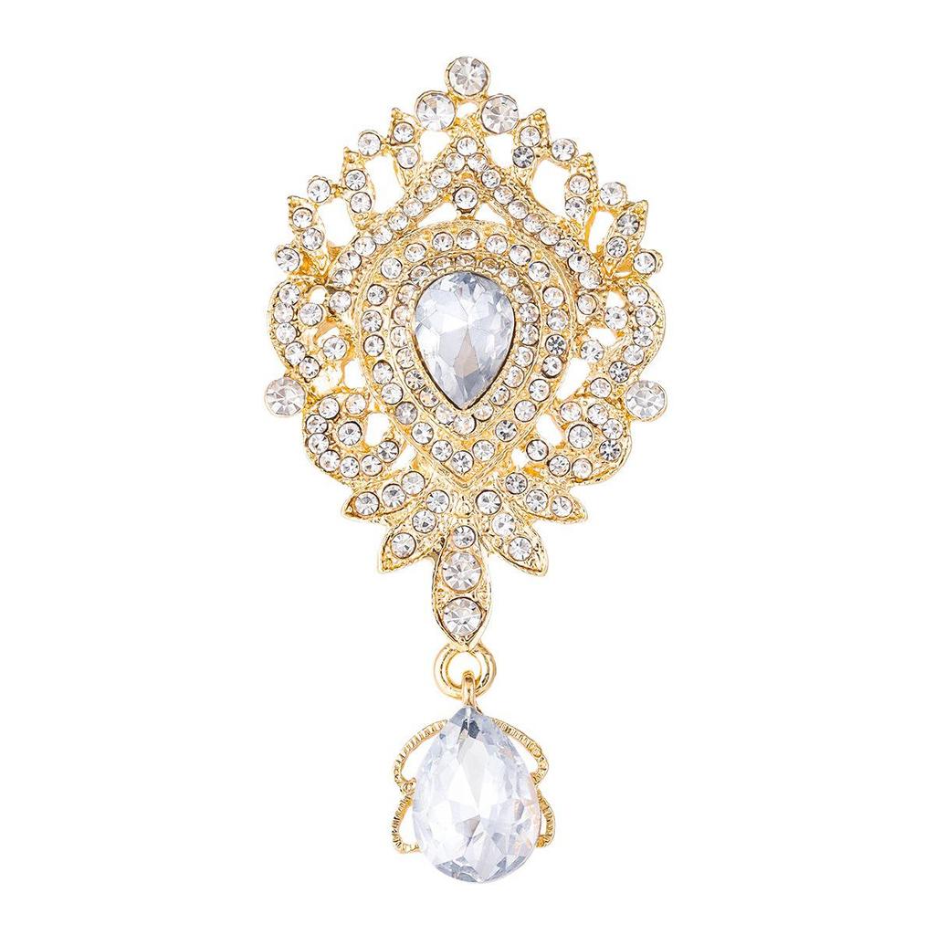 Vintage European-American Rhinestone Teardrop Brooch with Crown Pendant - Elegant Women's Accessory