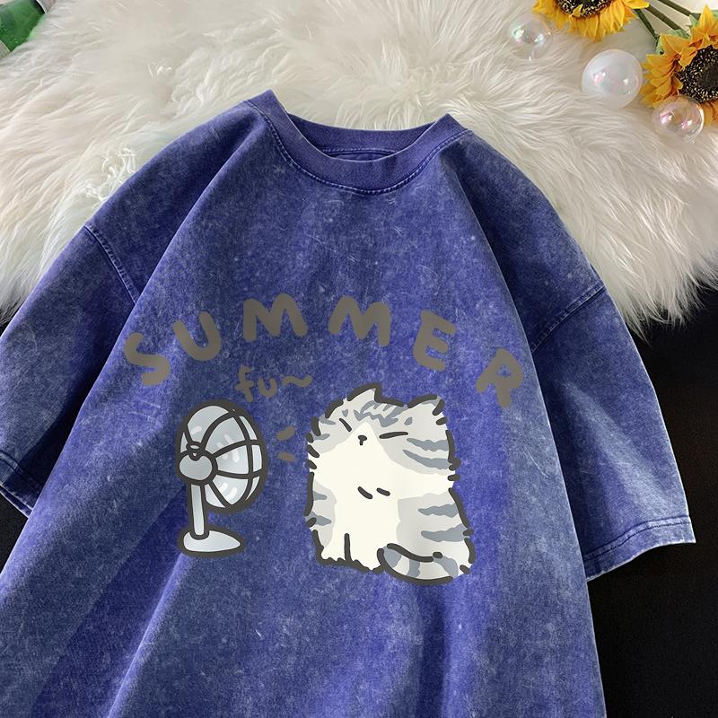 American Street Creative Blow Fan Cat Pure Cotton T-shirt Men Women Summer Relaxed Short Sleeve Couple Vintage Water Washing Top