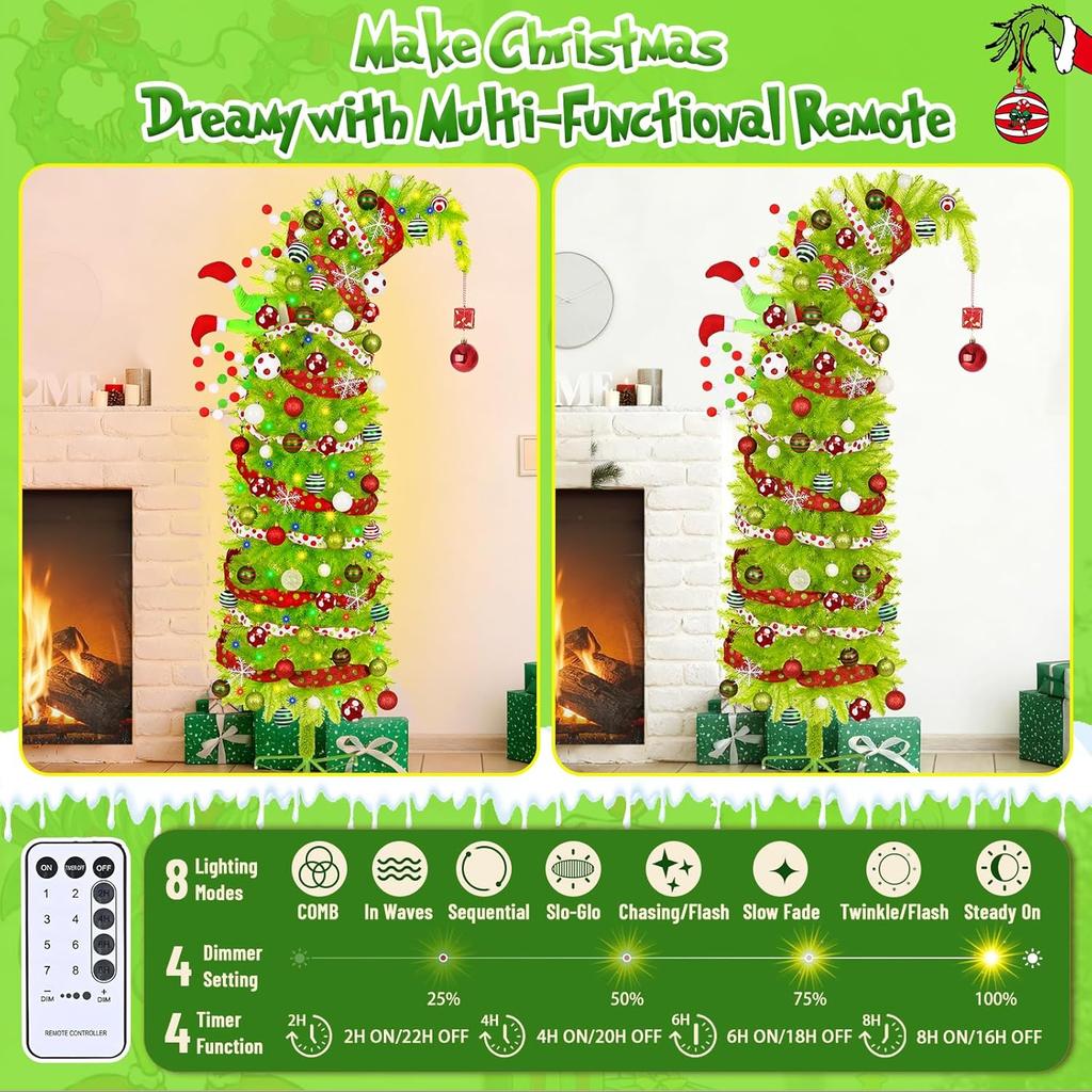 6FT Lime Green Artificial Christmas Tree with 200 LED Lights, Remote Control & Timer, Bendable Branches, Metal Base
