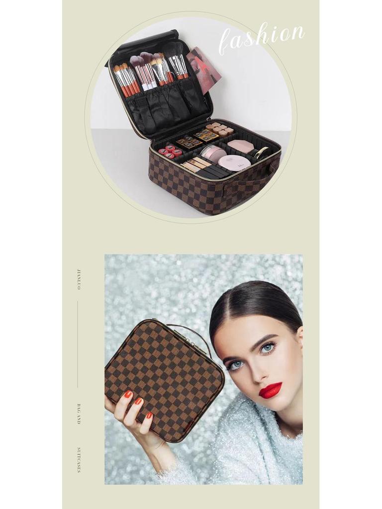 Plaid Monogram Large Capacity Makeup Bag - Convenient Handheld Storage