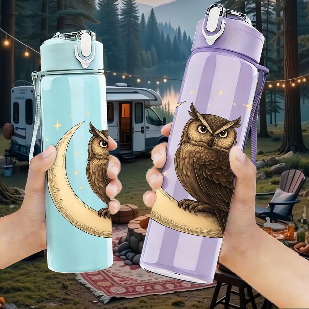 1PC Crescent Moon Owl Print 750ml Color Plastic Sports Water Bottle Leakproof Flip Straw Lid Suitable for Sports Office Home Use
