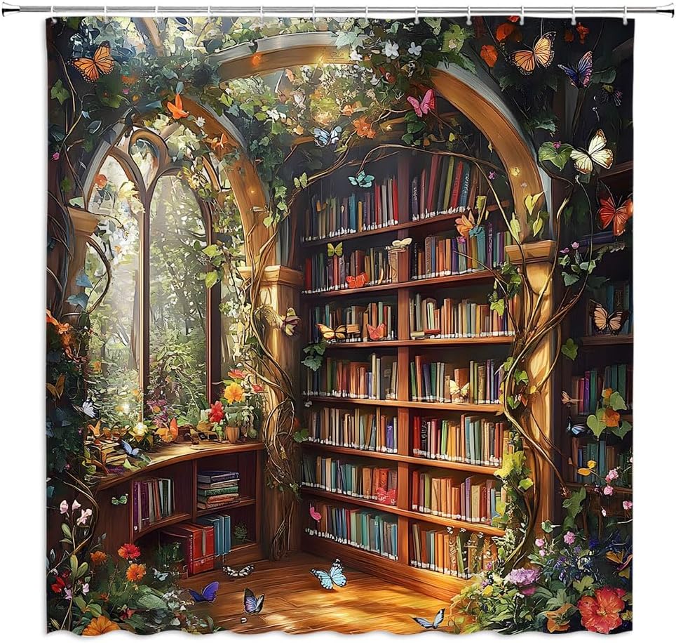 Library Bookshelf Shower Curtain Fantasy Butterfly Jungle Forest Vine Green Plant Flower Vintage Educational Bookcase Books
