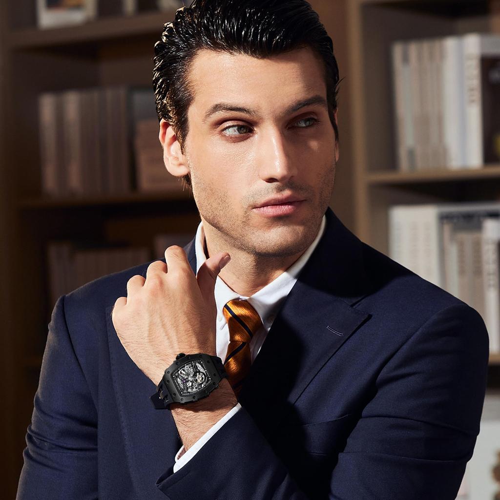 TSAR BOMBA Skeleton Design Automatic Watch with Barrel 50m Water Luminous Sporty Gift for Men Men's Case, Resistance, Function, Black, Fashion,