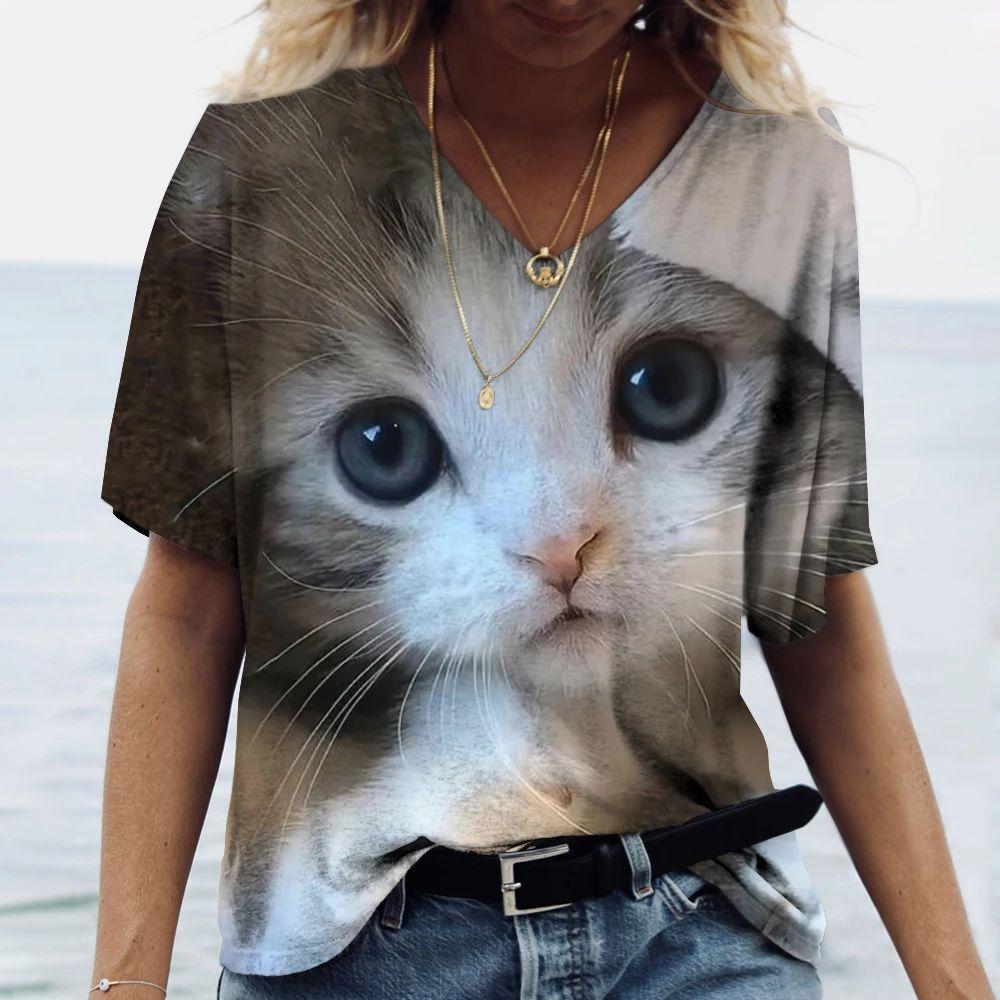 Summer V-neck 3D Cute Animal Cat Printed Top Fashionable Casual Short Sleeved Women's T-shirts