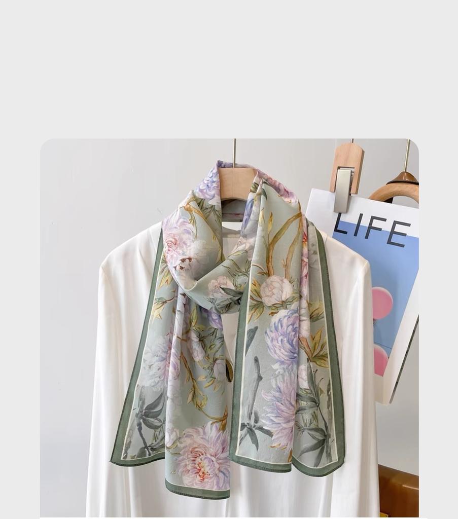 Fashion new long silk scarf women's Korean version line printing simulation silk medium length thin scarf sunscreen shawl