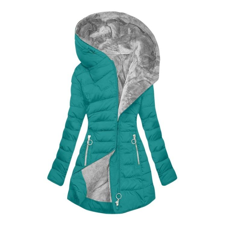 

Cotton Warm Hooded Women Jacket Casual Long Zipper Pockets Outerwear S циан