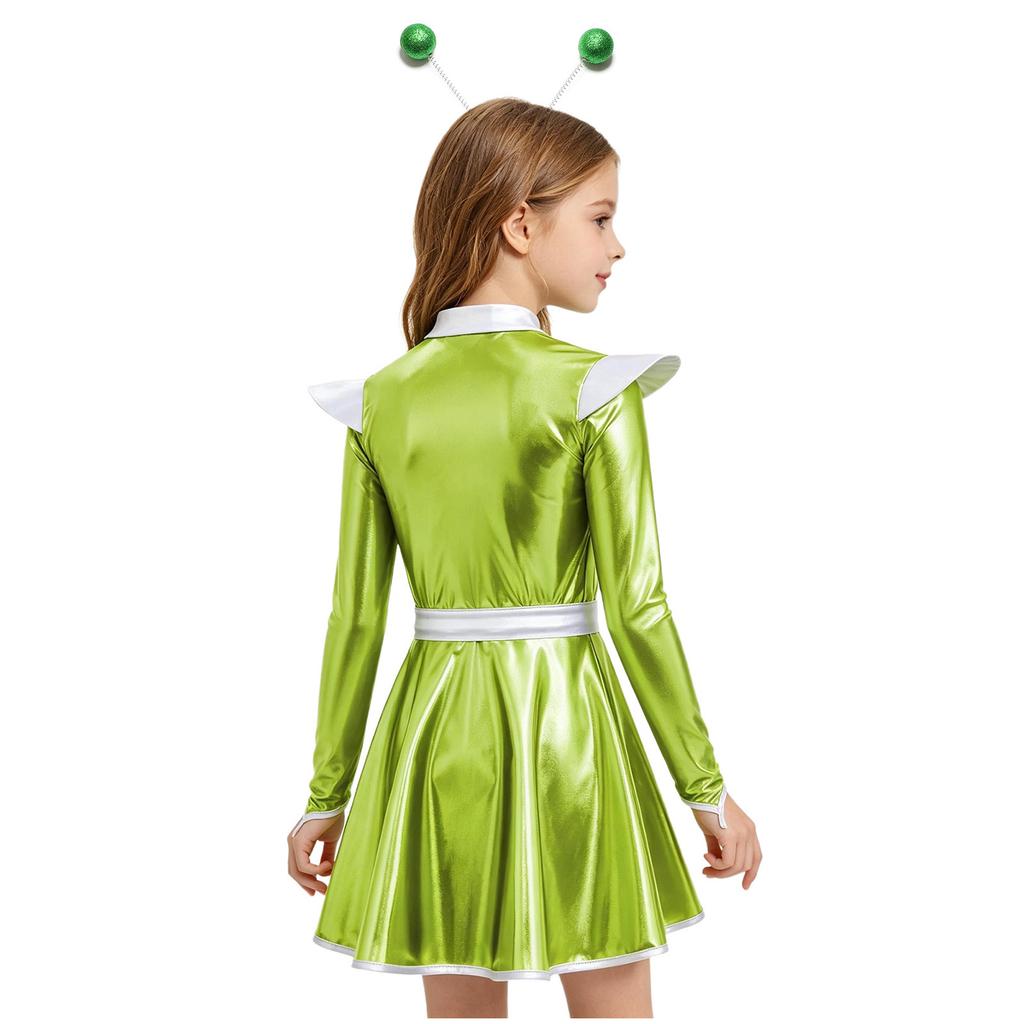 Girls Halloween Alien Costume Long Sleeve Zip Up A Line Dress Belt Hair Hoop Shiny Metallic Robot Outer Space Costume for Party