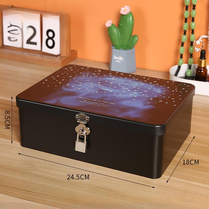 Iron Box with Lock and Key Desktop Storage Box Retro Tinplate Cosmetics ID Storage Household Jewelry Storage Empty Box