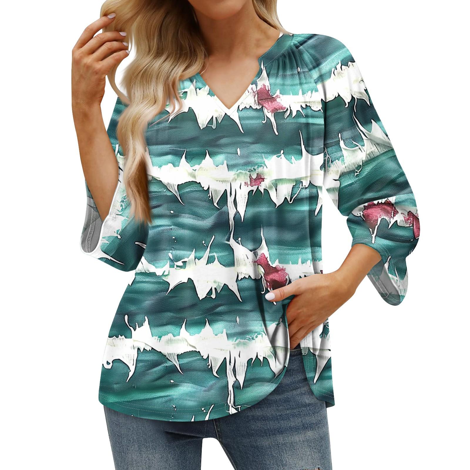 

Женская летняя повседневная футболка с рукавом 3/4 и пуловером с V-образным вырезом и принтом L темно-зеленого