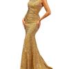 2025 V-neck Off-shoulder Sequin Bodycon Gown with Train