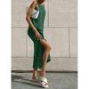 Elegant Green Cotton-Linen Loose Slit Strap Dress, New Summer Long Dresses For Women